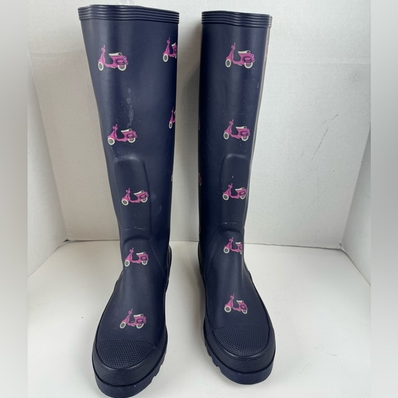 J. Crew Vintage Wellies Blue Rubber Rain Boots Vespa Print - Picture 1 of 11
